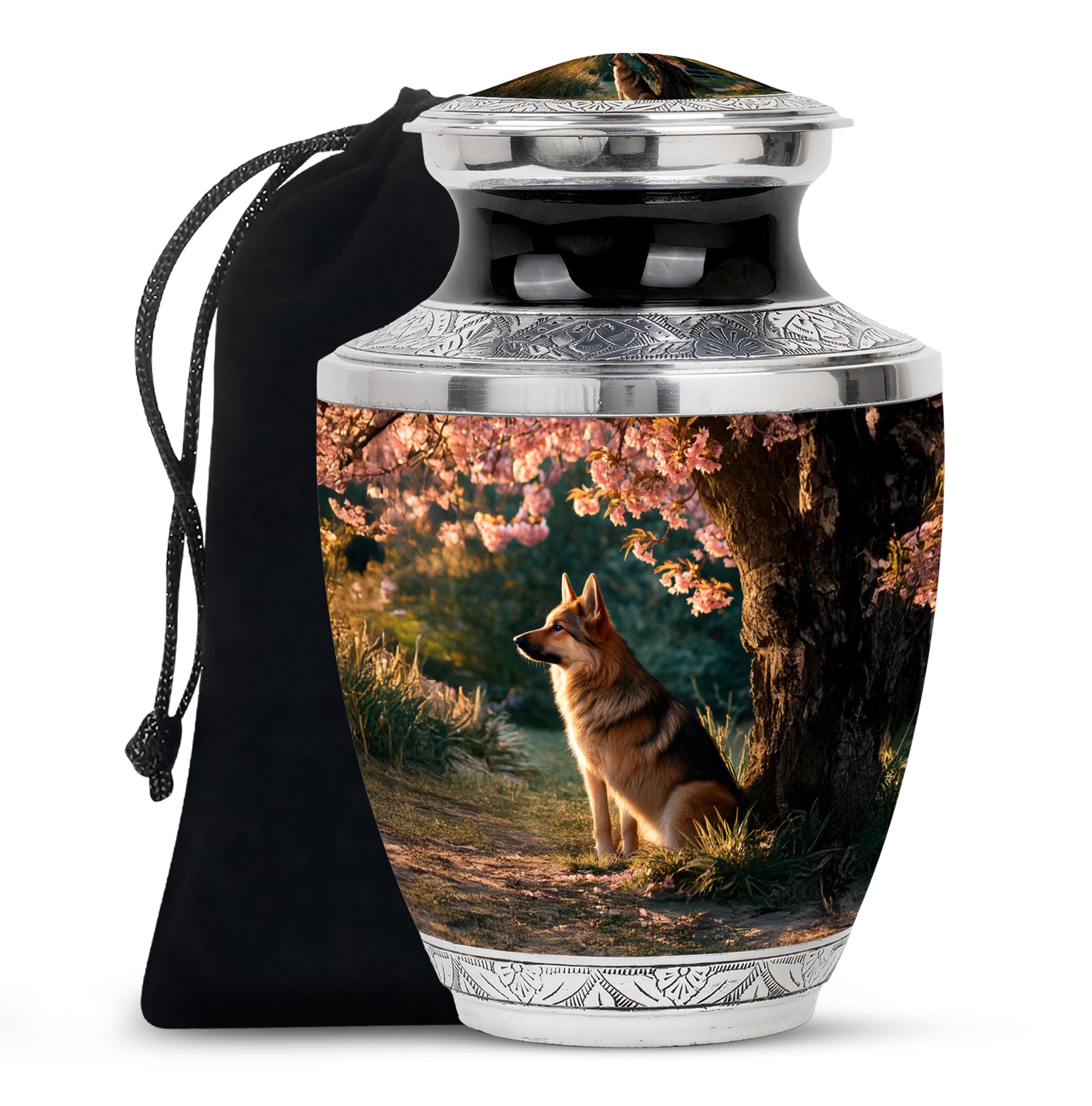 Matte Gold Dog Cremation Urn side profile showing urn shape - stylized abstract dog pattern with bold lines - full-size 10 inch 200 cubic inch adult cremation urn