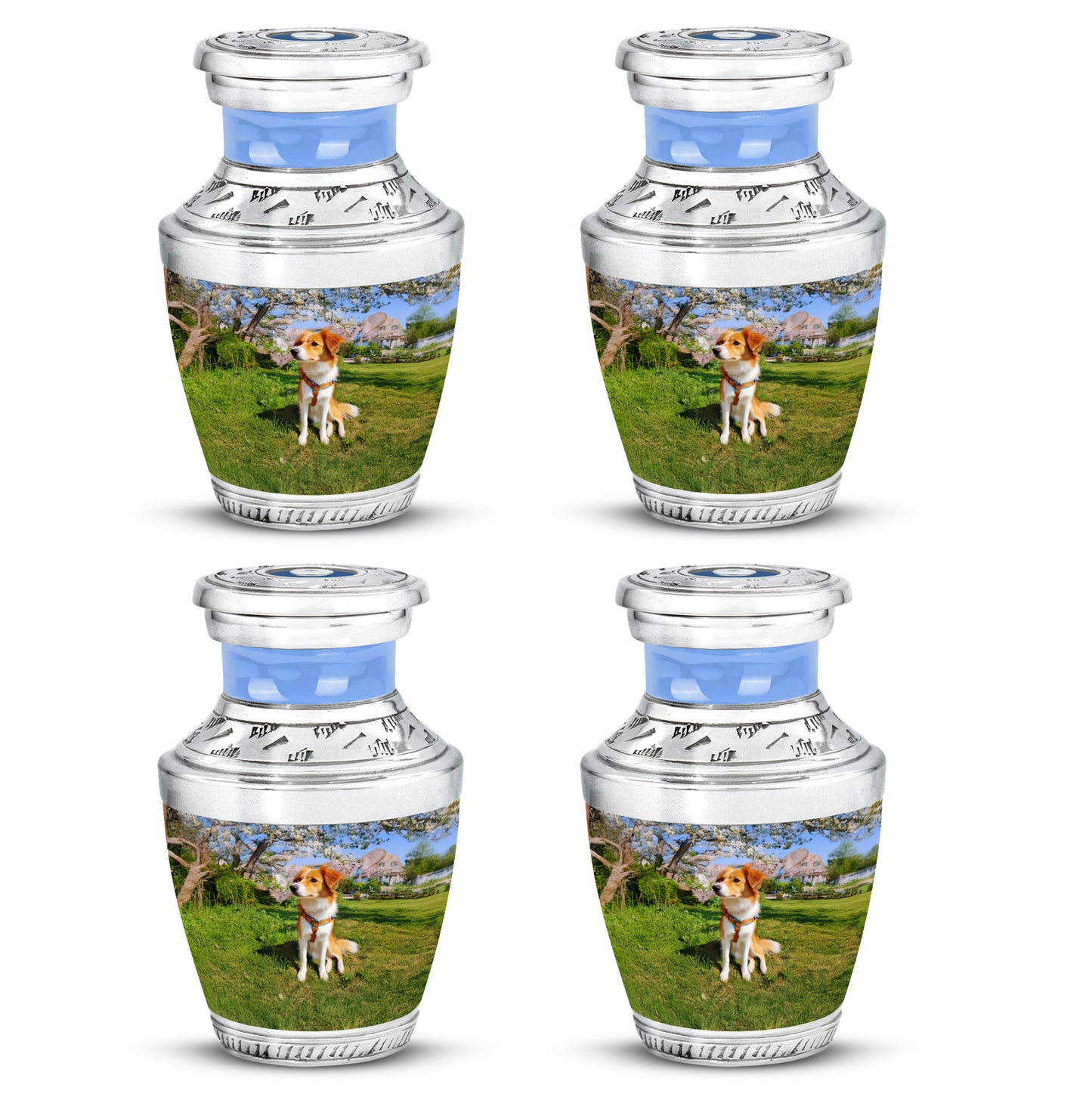 Dusty Blue Dog Cremation Urn back view with polished surface - contemporary dog design with modern artistic flair - 10 inch aluminum urn for cremated remains