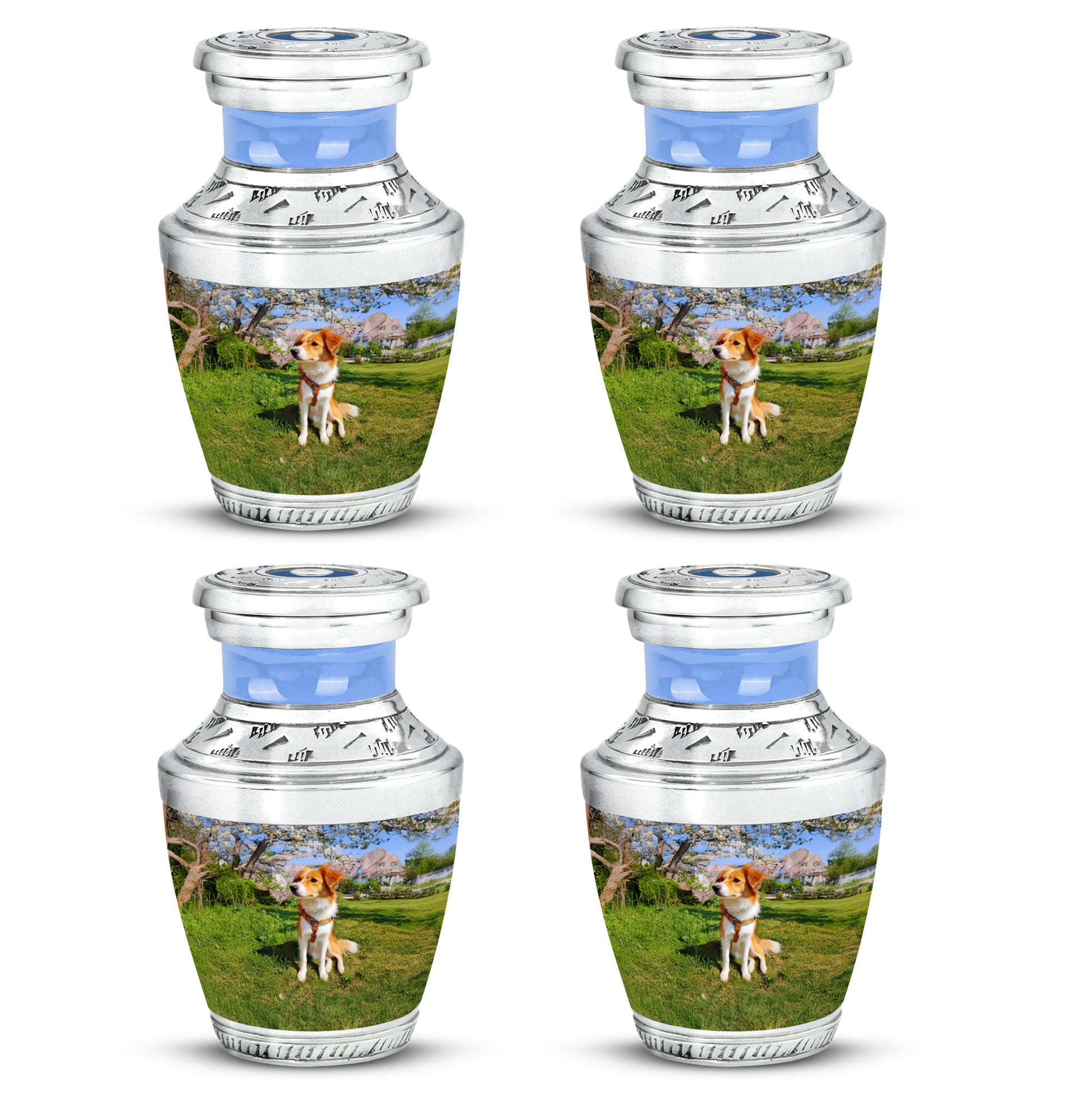 Dusty Blue Dog Cremation Urn back view with polished surface - contemporary dog design with modern artistic flair - 10 inch aluminum urn for cremated remains