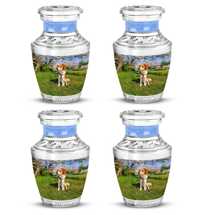 Dusty Blue Dog Cremation Urn back view with polished surface - contemporary dog design with modern artistic flair - 10 inch aluminum urn for cremated remains