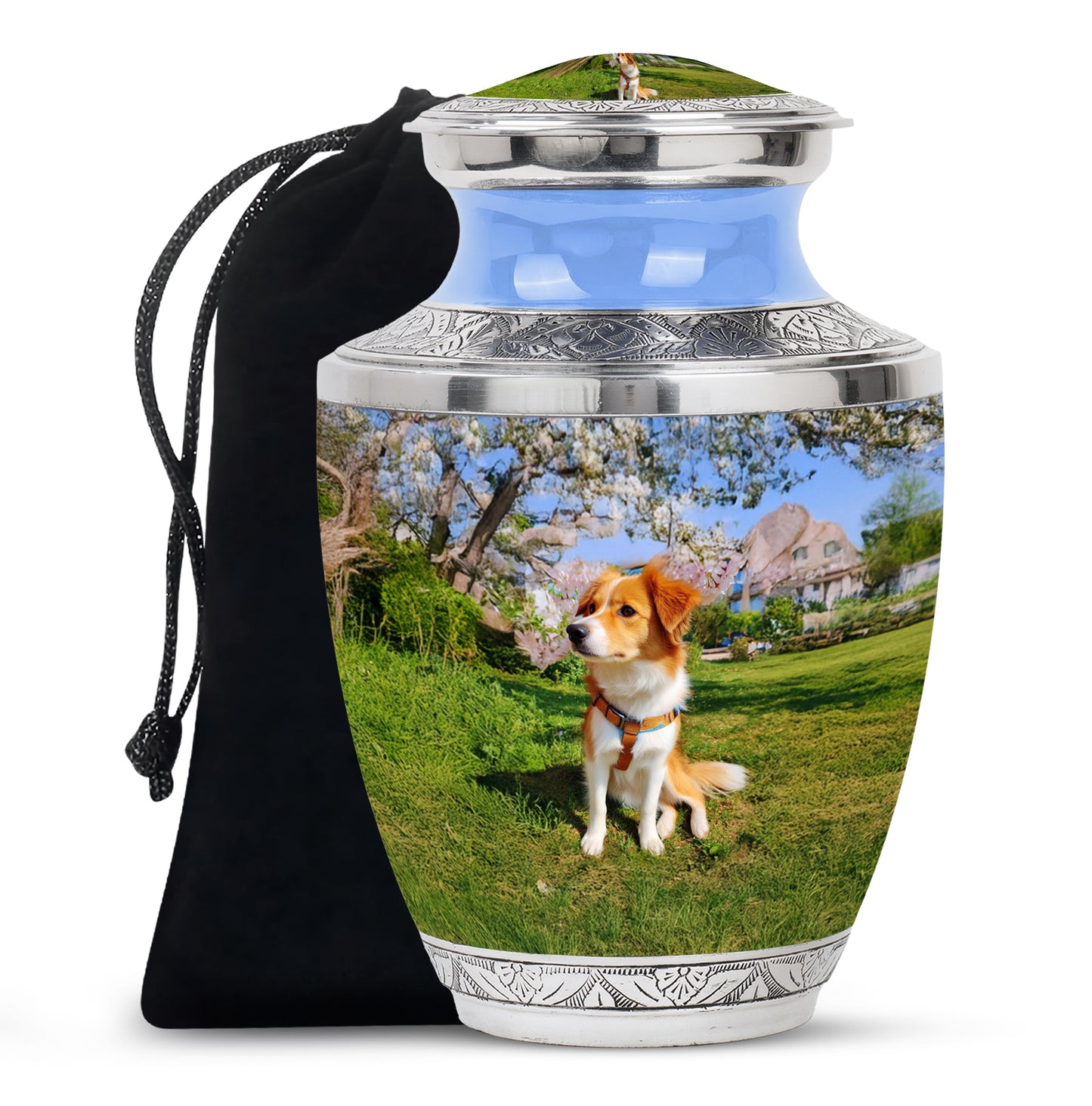 Dusty Blue Dog Cremation Urn side profile showing urn shape - modern art-inspired dog motif on sleek aluminum - full-size 10 inch 200 cubic inch adult cremation urn