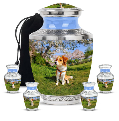 Powder Blue Dog Cremation Urn lifestyle display on memorial shelf - modern art-inspired dog motif on sleek aluminum - memorial set with one large and four small urns