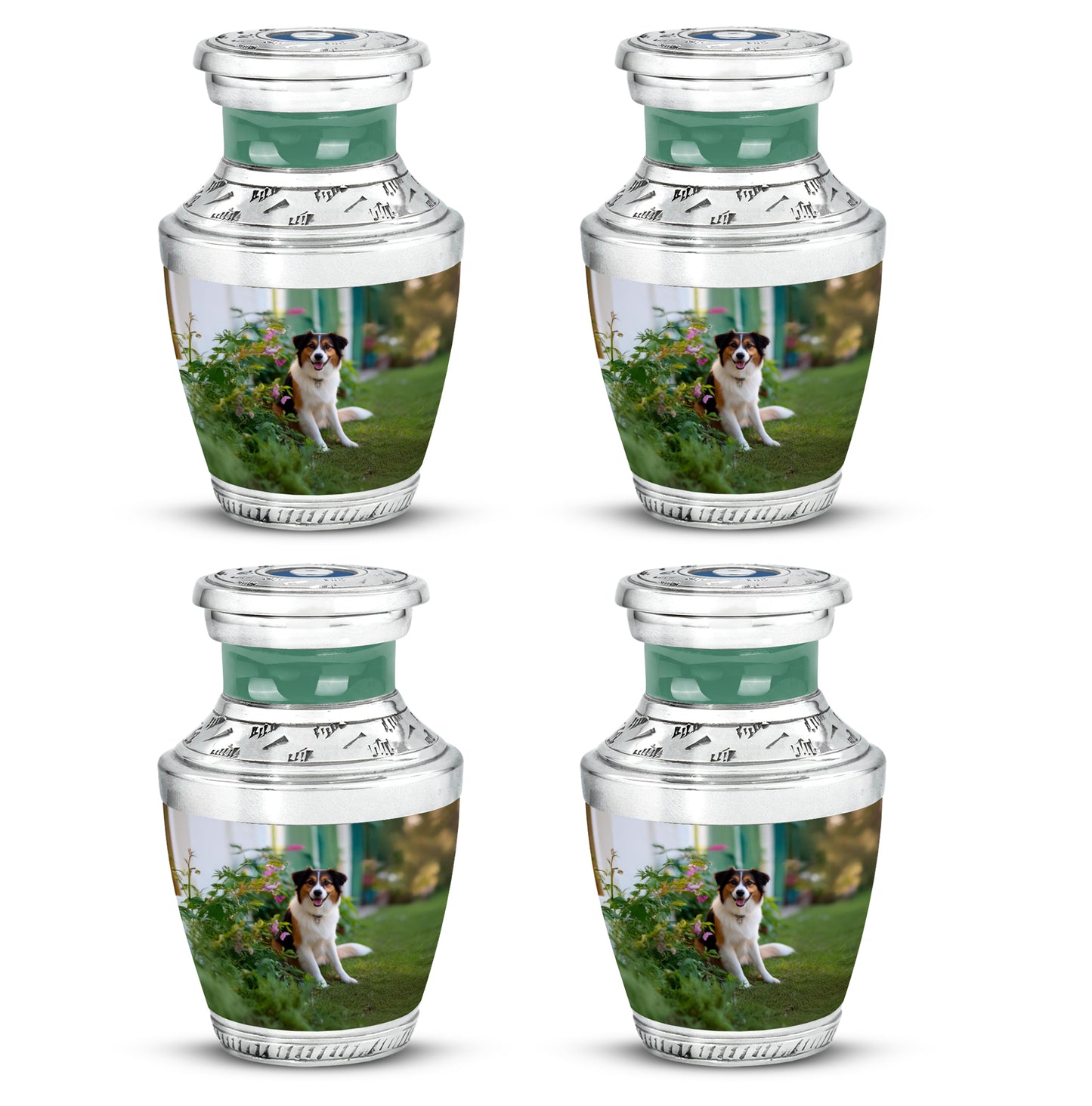 Moss Green Dog Cremation Urn back view with polished surface - modern art-inspired dog motif on sleek aluminum - 10 inch aluminum urn for cremated remains