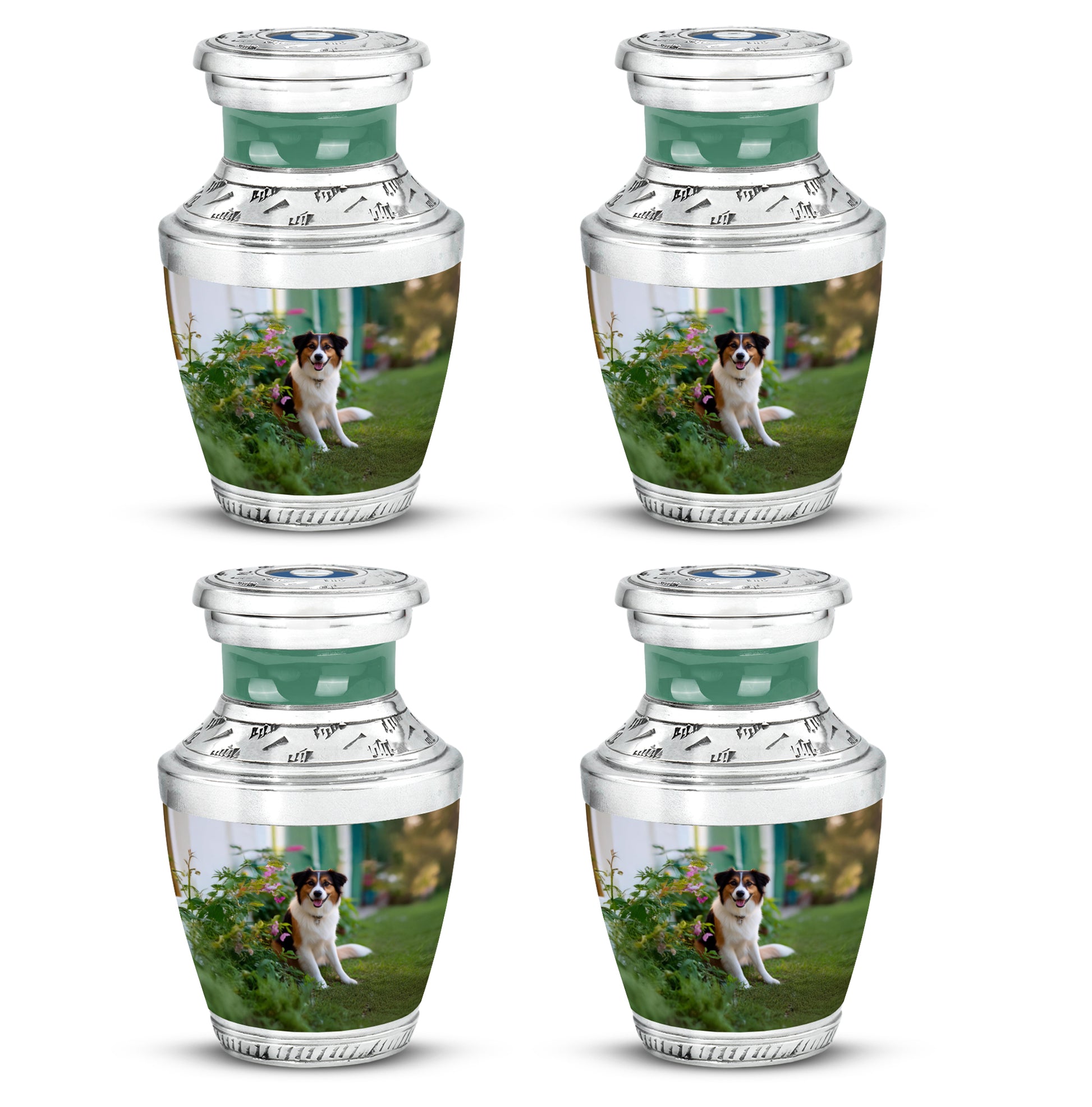 Moss Green Dog Cremation Urn back view with polished surface - modern art-inspired dog motif on sleek aluminum - 10 inch aluminum urn for cremated remains