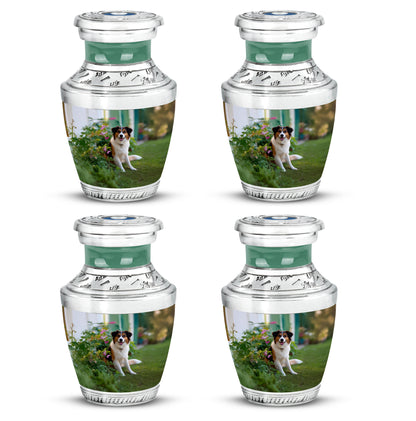 Moss Green Dog Cremation Urn back view with polished surface - modern art-inspired dog motif on sleek aluminum - 10 inch aluminum urn for cremated remains