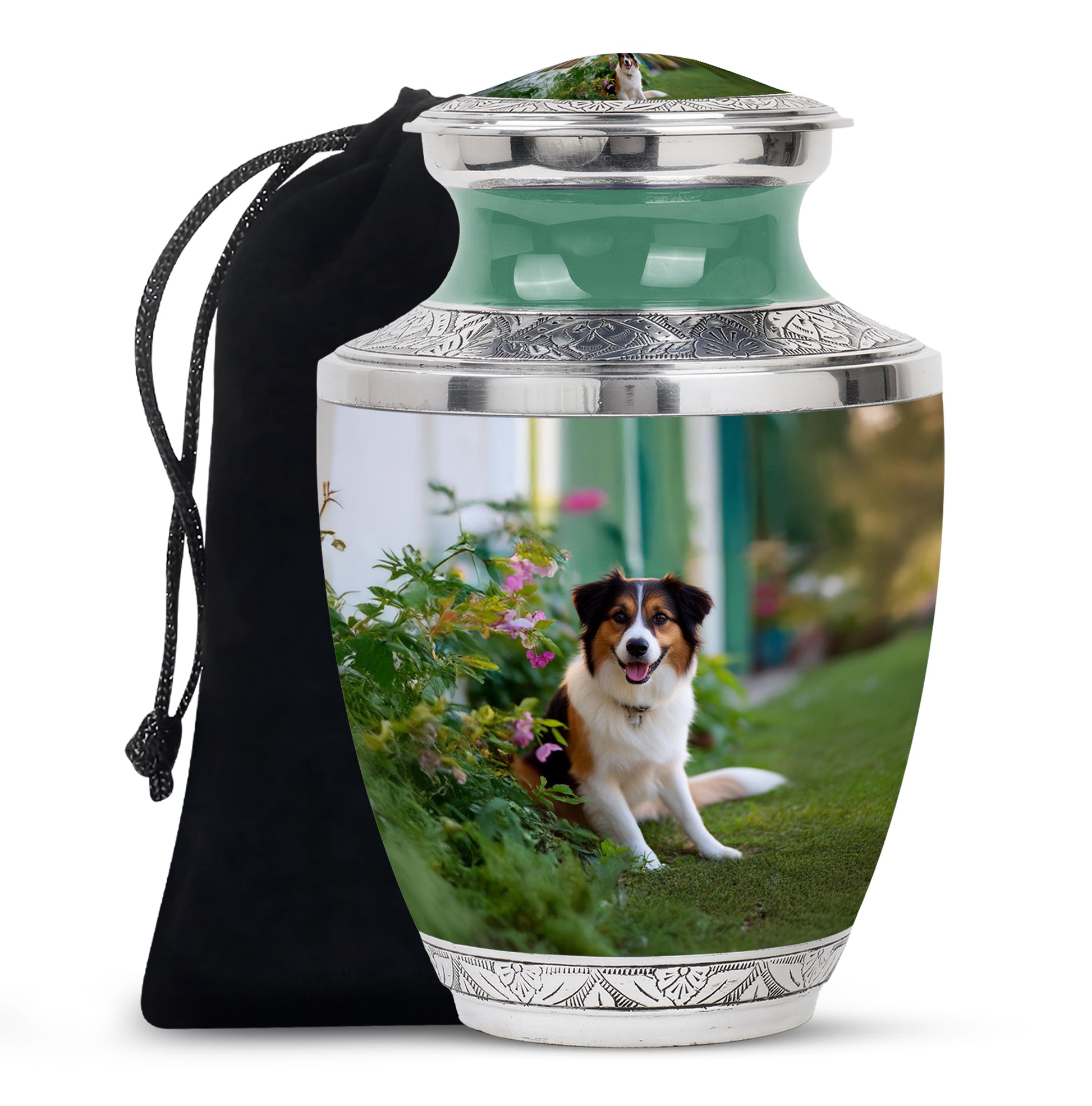 Hunter Green Dog Cremation Urn side profile showing urn shape - artistic dog interpretation with creative detail - full-size 10 inch 200 cubic inch adult cremation urn