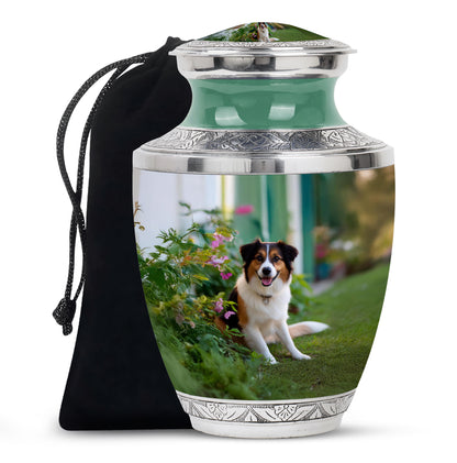 Hunter Green Dog Cremation Urn side profile showing urn shape - artistic dog interpretation with creative detail - full-size 10 inch 200 cubic inch adult cremation urn