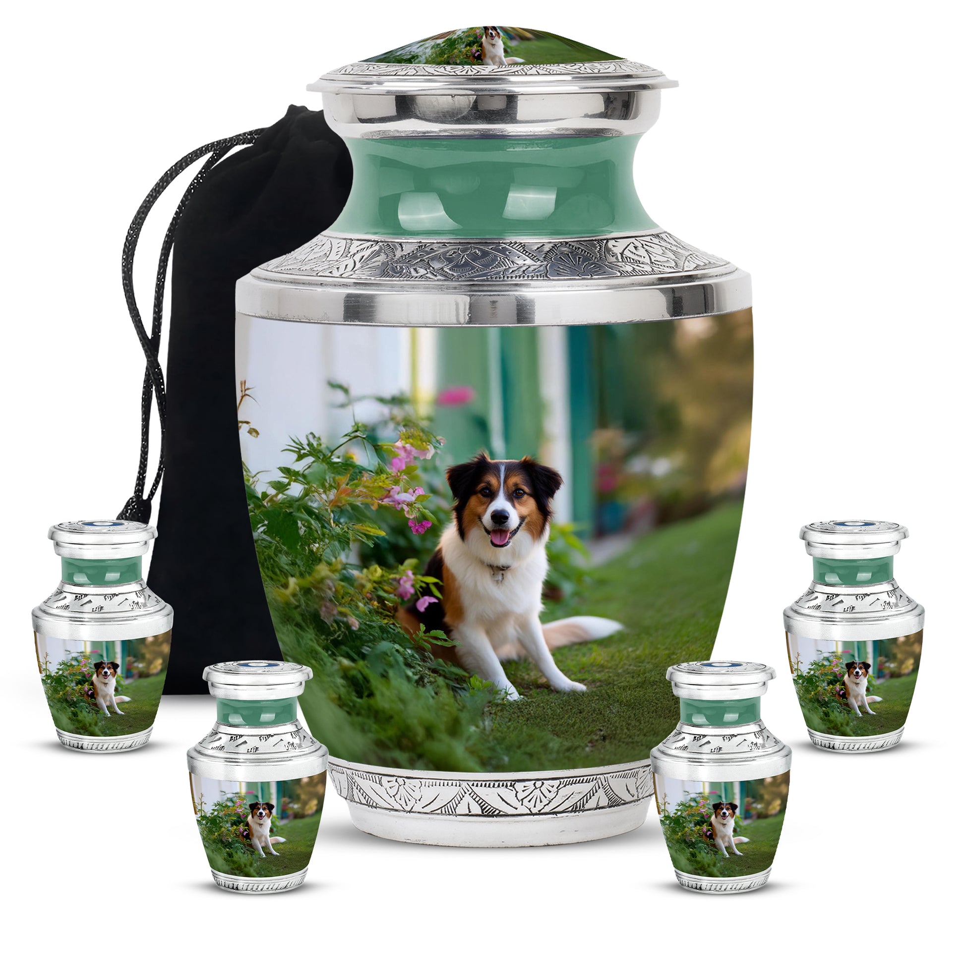 Mint Green Dog Cremation Urn lifestyle display on memorial shelf - artistic dog interpretation with creative detail - memorial set with one large and four small urns