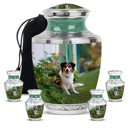 Mint Green Dog Cremation Urn lifestyle display on memorial shelf - artistic dog interpretation with creative detail - memorial set with one large and four small urns