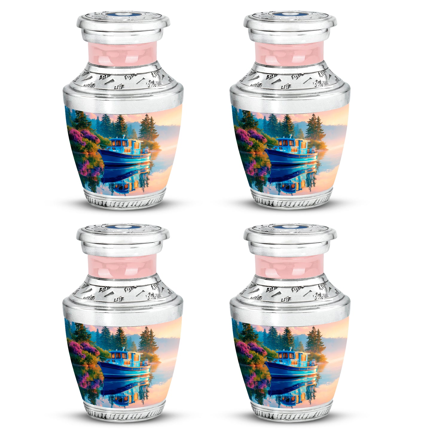 Cobalt Blue Boat Cremation Urn back view with polished surface - artistic boat interpretation with creative detail - 10 inch aluminum urn for cremated remains