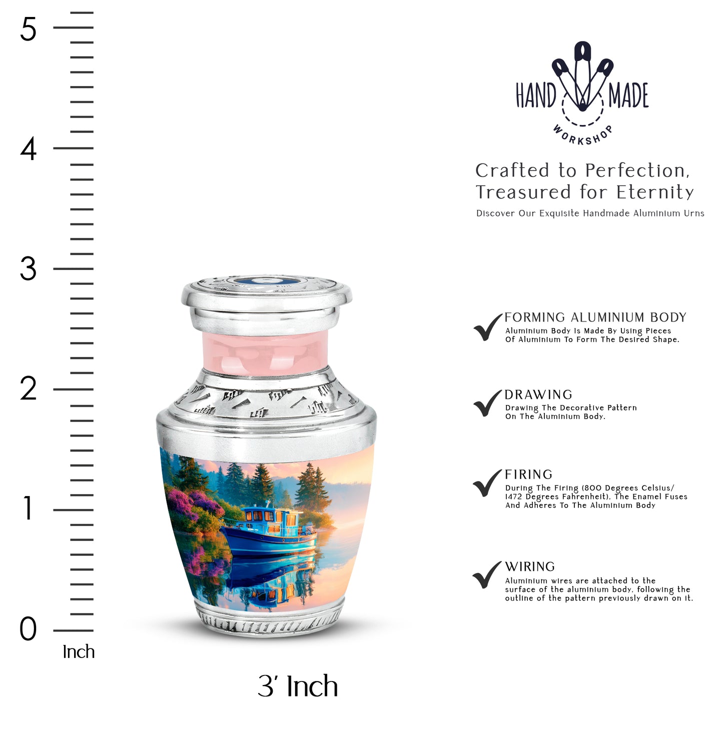 Soft Blue Boat Cremation Urn top-down view of secure threaded lid - artistic boat interpretation with creative detail - mini keepsake memorial for portion of cremation ashes
