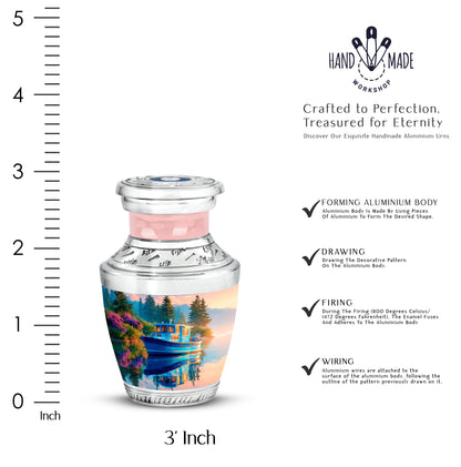 Soft Blue Boat Cremation Urn top-down view of secure threaded lid - artistic boat interpretation with creative detail - mini keepsake memorial for portion of cremation ashes