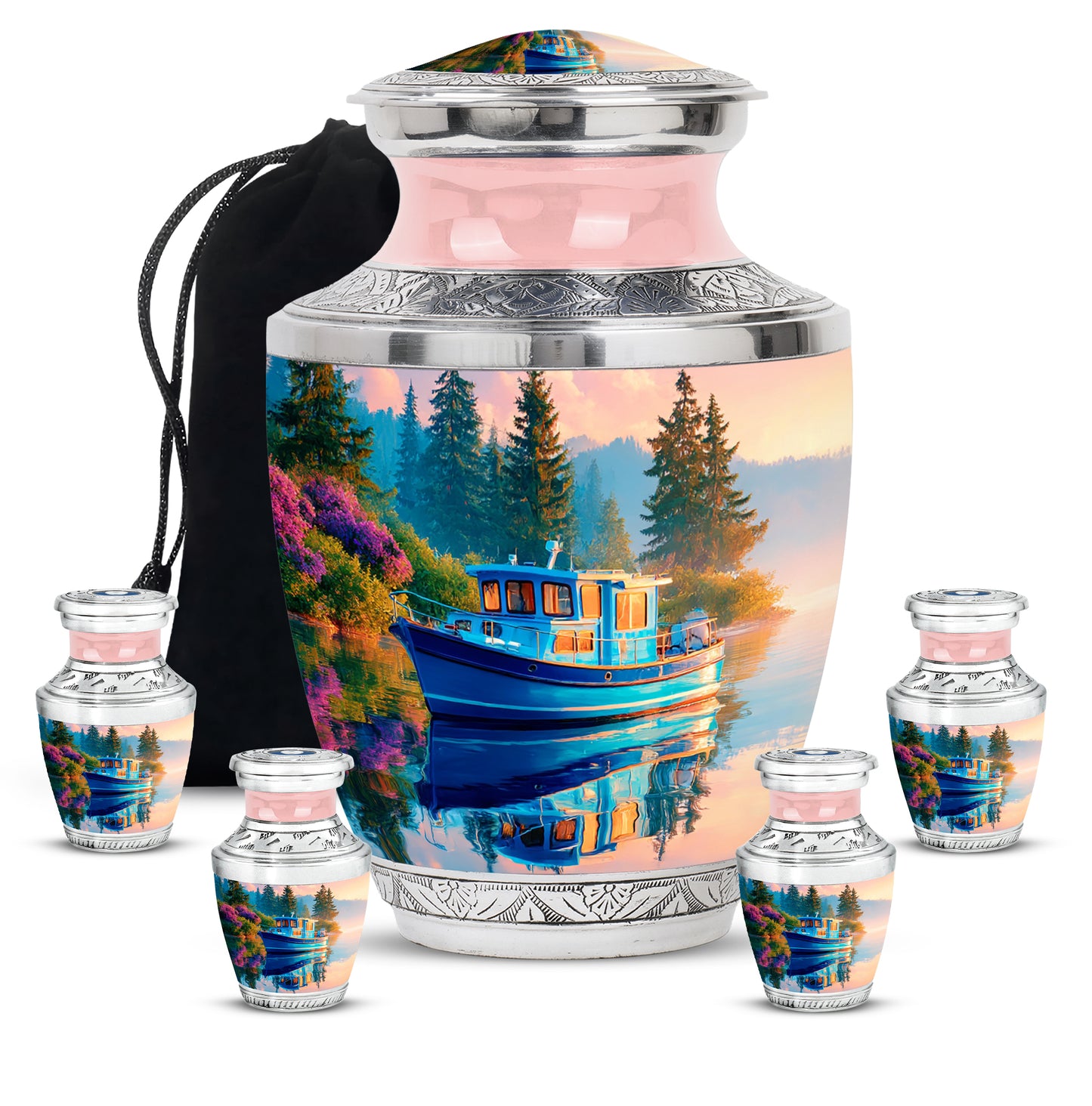 Pastel Blue Boat Cremation Urn lifestyle display on memorial shelf - modern art-inspired boat motif on sleek aluminum - memorial set with one large and four small urns