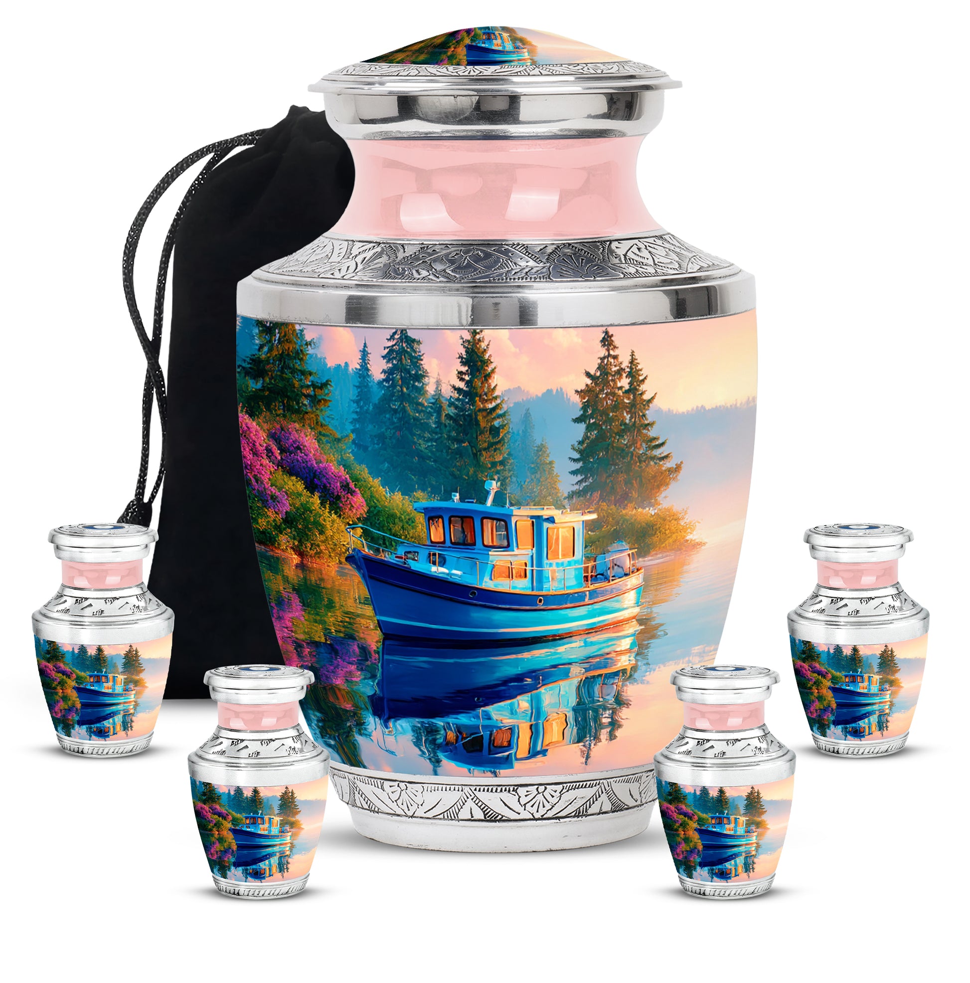 Pastel Blue Boat Cremation Urn lifestyle display on memorial shelf - modern art-inspired boat motif on sleek aluminum - memorial set with one large and four small urns