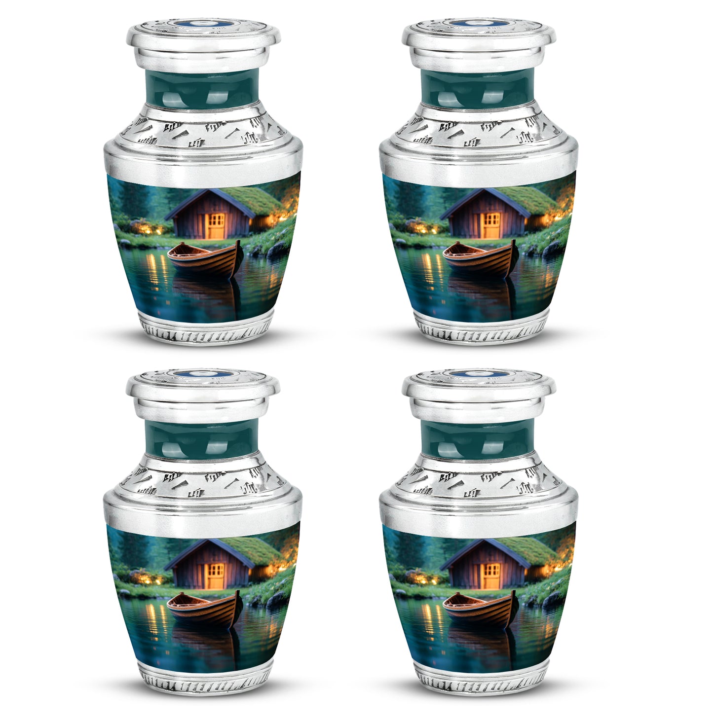 Forest Green Boat Cremation Urn back view with polished surface - artistic boat interpretation with creative detail - 10 inch aluminum urn for cremated remains