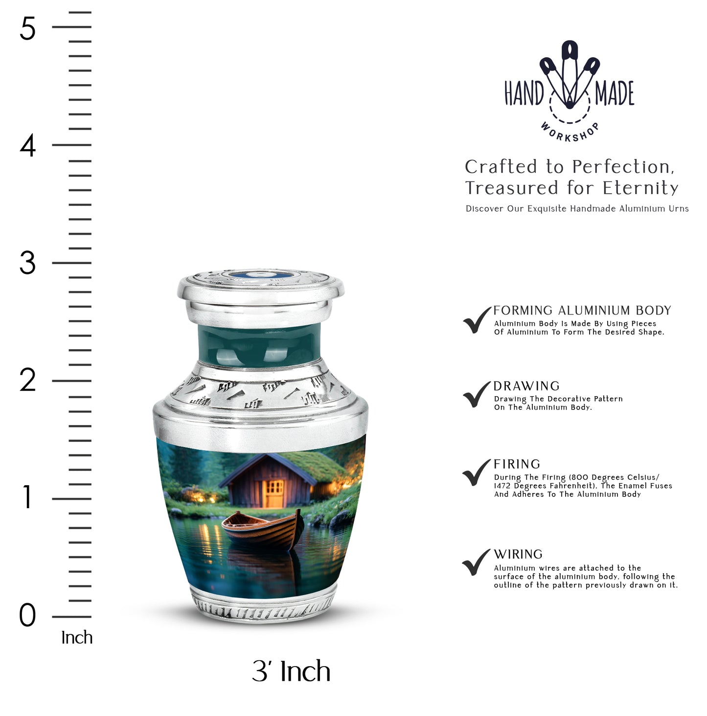 Sage Green Boat Cremation Urn top-down view of secure threaded lid - modern art-inspired boat motif on sleek aluminum - mini keepsake memorial for portion of cremation ashes