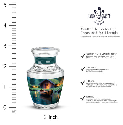 Sage Green Boat Cremation Urn top-down view of secure threaded lid - modern art-inspired boat motif on sleek aluminum - mini keepsake memorial for portion of cremation ashes