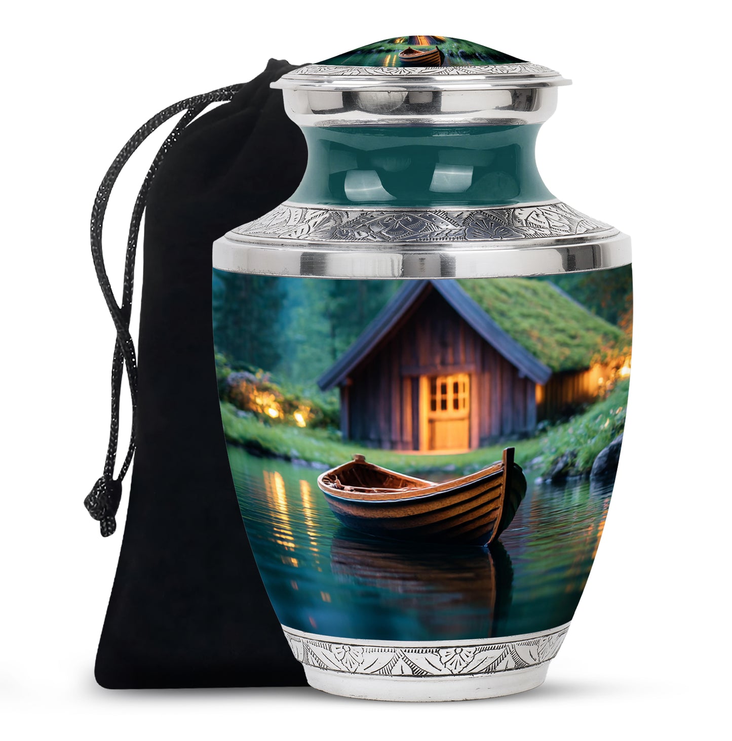 Olive Green Boat Cremation Urn side profile showing urn shape - artistic boat interpretation with creative detail - full-size 10 inch 200 cubic inch adult cremation urn