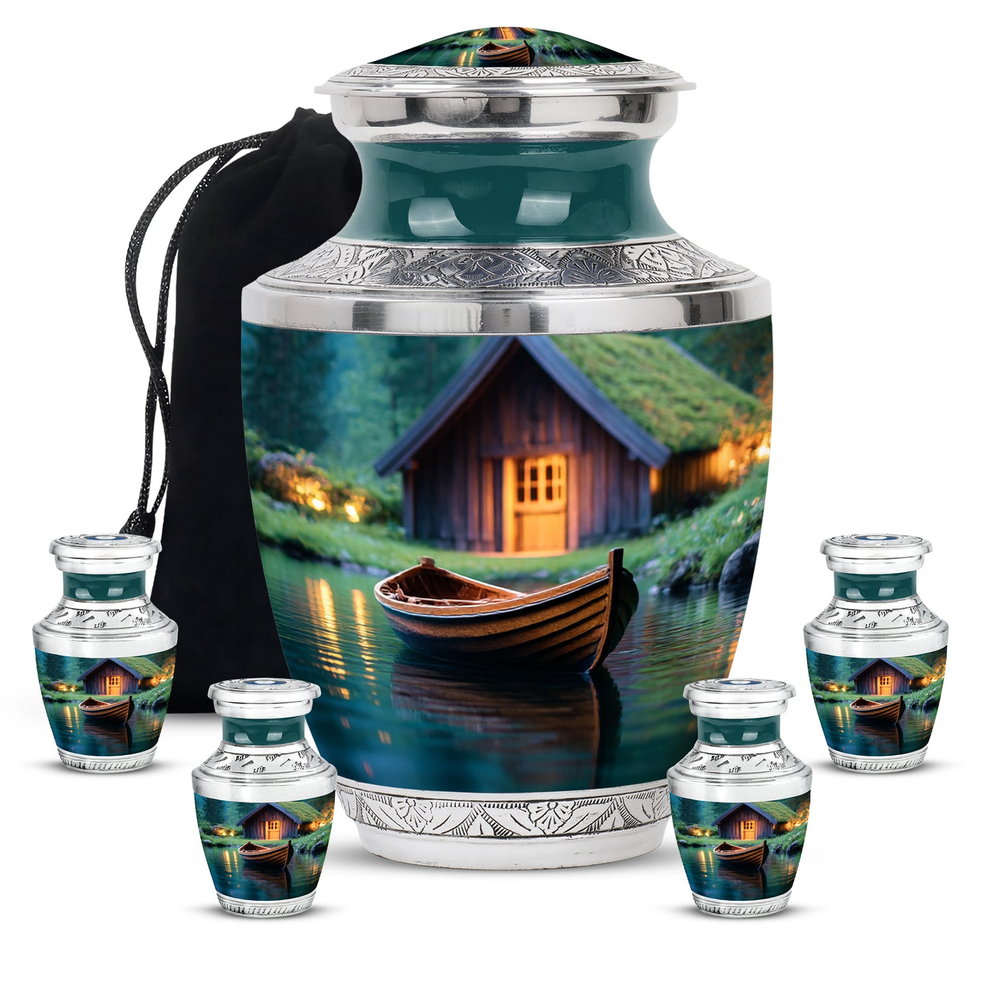Pine Green Boat Cremation Urn lifestyle display on memorial shelf - stylized abstract boat pattern with bold lines - memorial set with one large and four small urns