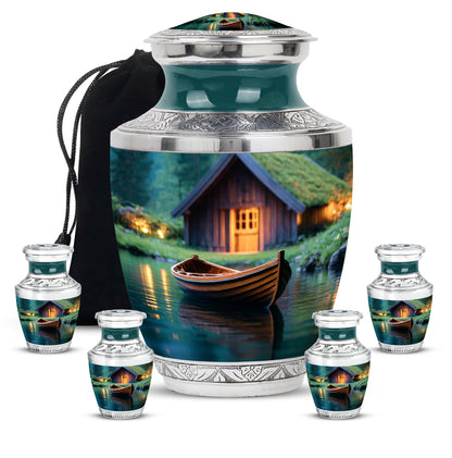 Pine Green Boat Cremation Urn lifestyle display on memorial shelf - stylized abstract boat pattern with bold lines - memorial set with one large and four small urns