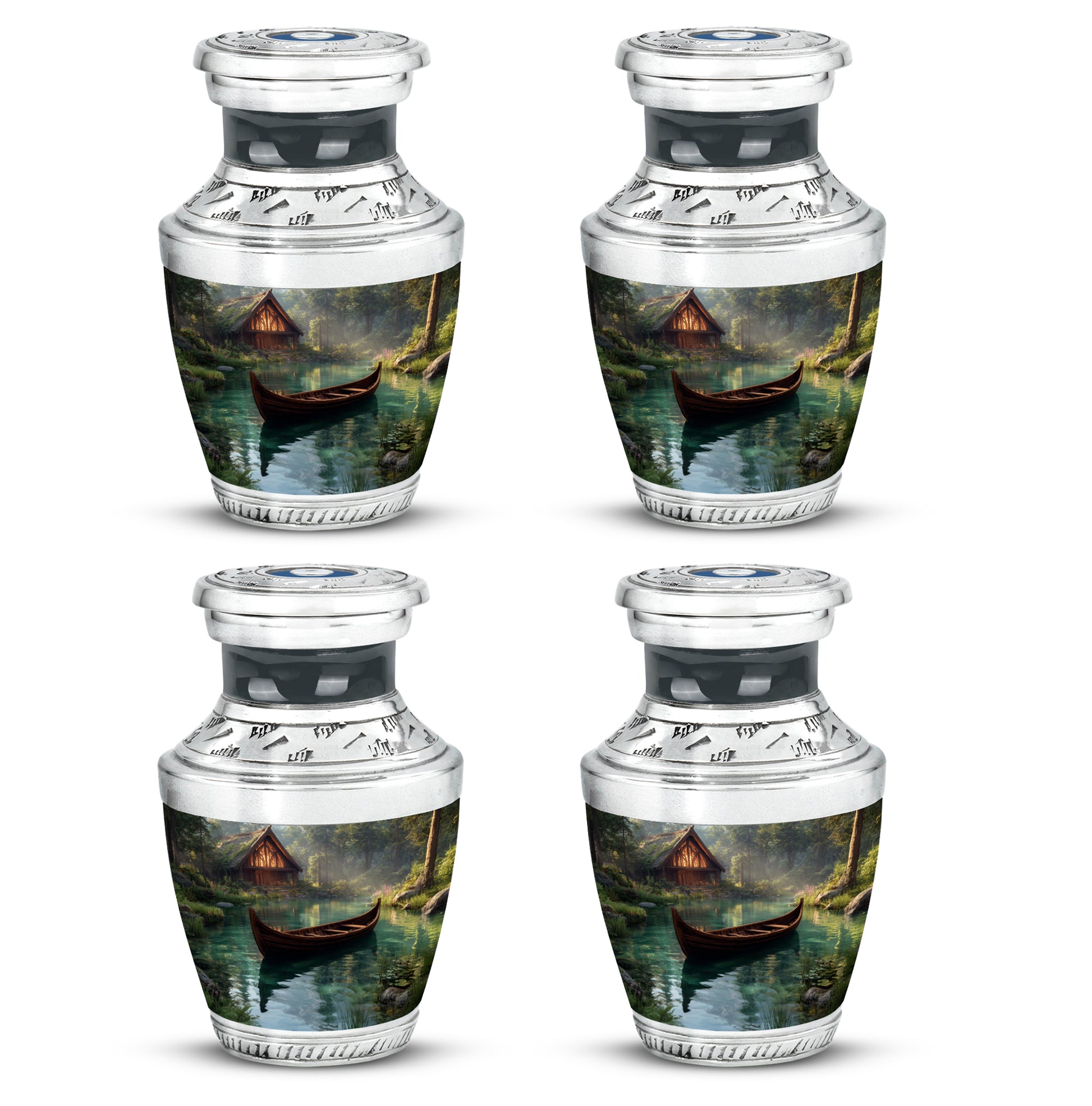 Ebony Boat Cremation Urn back view with polished surface - modern art-inspired boat motif on sleek aluminum - 10 inch aluminum urn for cremated remains