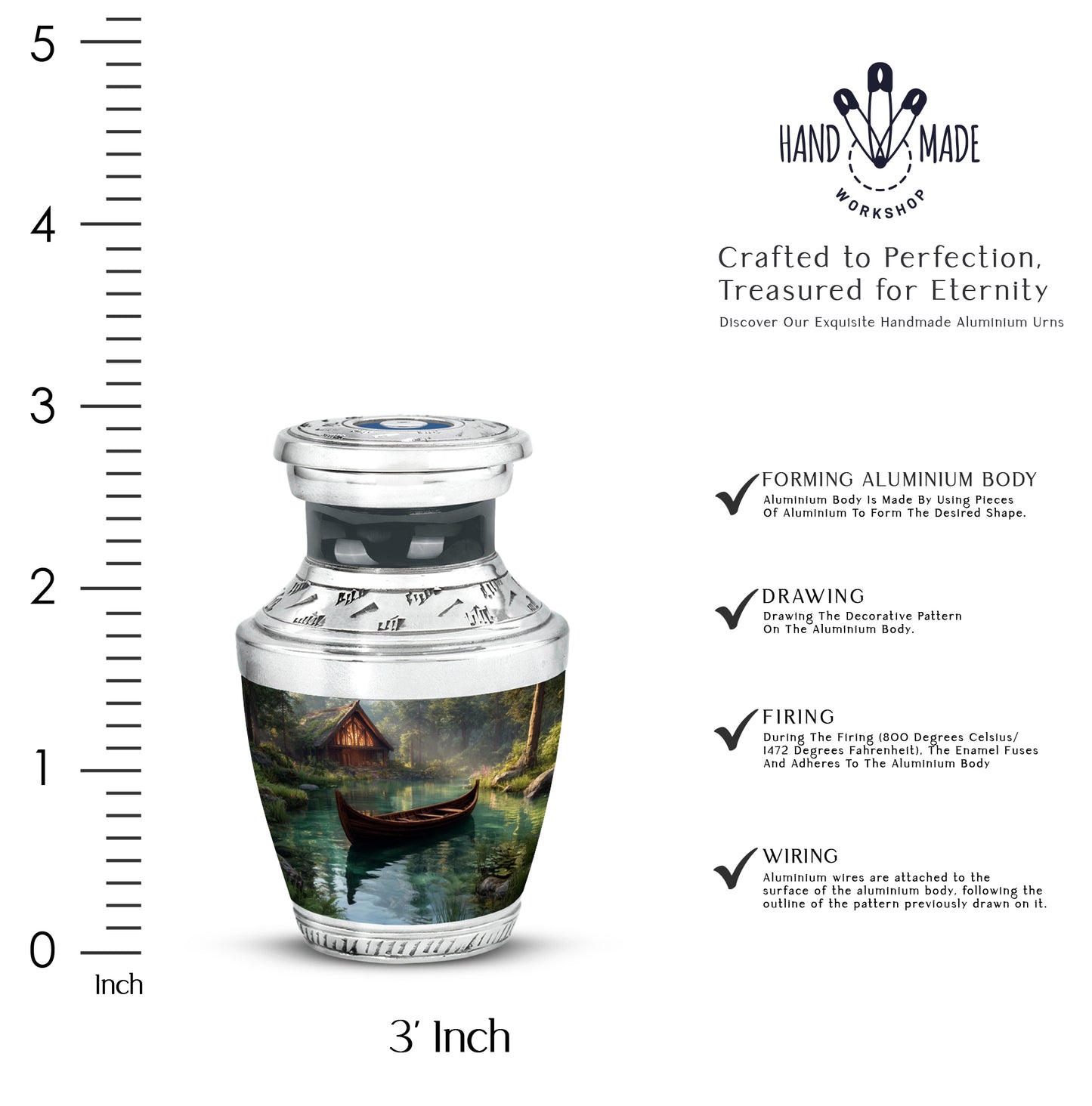 Jet Black Boat Cremation Urn top-down view of secure threaded lid - modern art-inspired boat motif on sleek aluminum - mini keepsake memorial for portion of cremation ashes