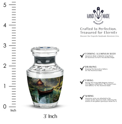 Jet Black Boat Cremation Urn top-down view of secure threaded lid - modern art-inspired boat motif on sleek aluminum - mini keepsake memorial for portion of cremation ashes