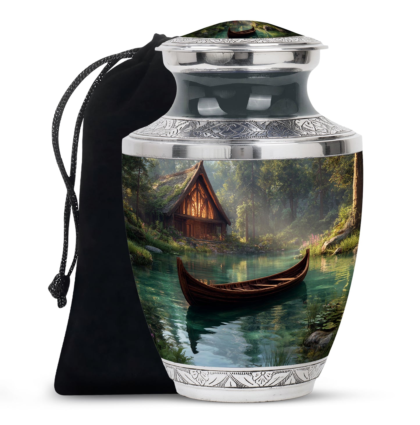 Dark Black Boat Cremation Urn side profile showing urn shape - stylized abstract boat pattern with bold lines - full-size 10 inch 200 cubic inch adult cremation urn