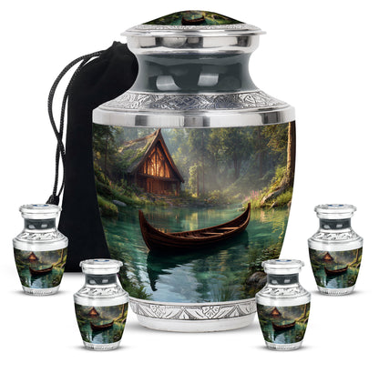 Onyx Black Boat Cremation Urn lifestyle display on memorial shelf - stylized abstract boat pattern with bold lines - memorial set with one large and four small urns