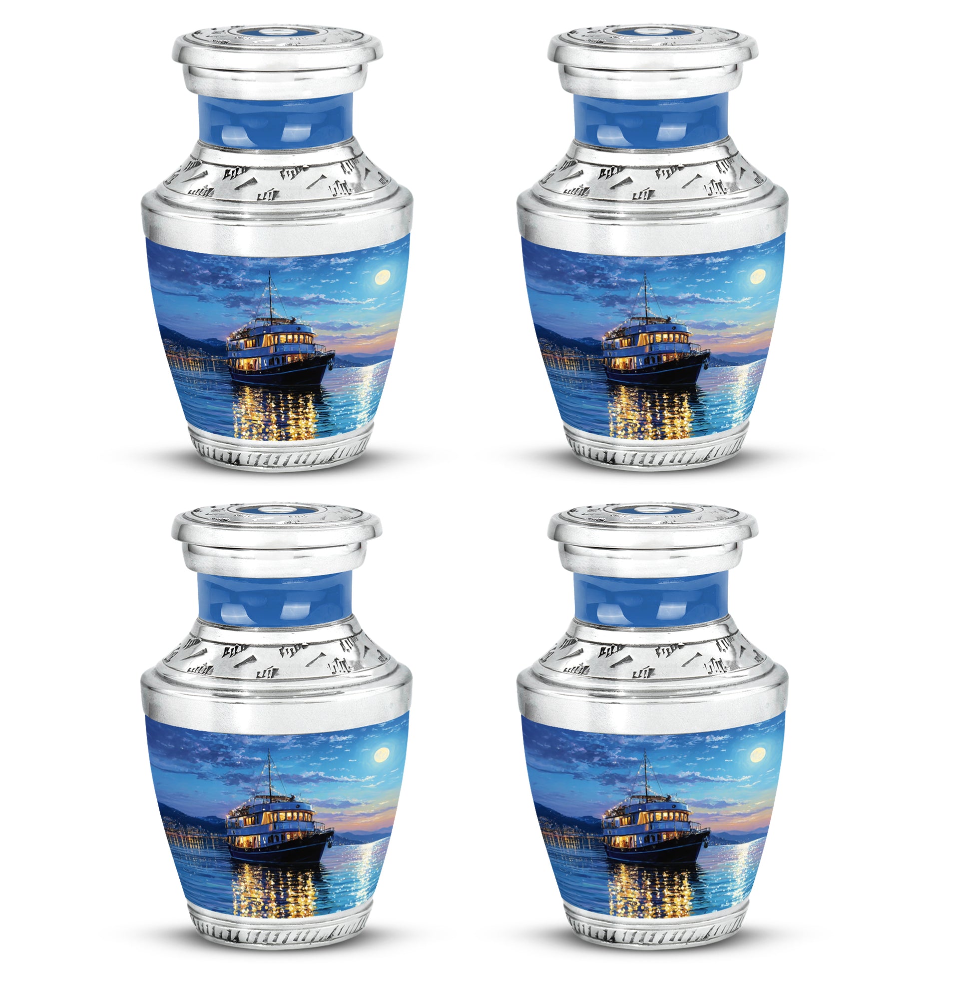 Indigo Boat Cremation Urn back view with polished surface - contemporary boat design with modern artistic flair - 10 inch aluminum urn for cremated remains