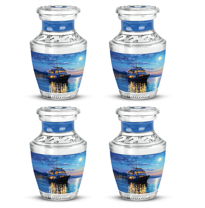 Indigo Boat Cremation Urn back view with polished surface - contemporary boat design with modern artistic flair - 10 inch aluminum urn for cremated remains
