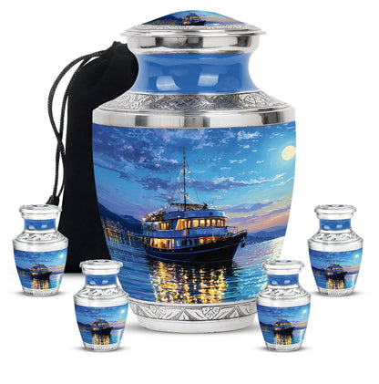 Cobalt Blue Boat Cremation Urn lifestyle display on memorial shelf - stylized abstract boat pattern with bold lines - memorial set with one large and four small urns