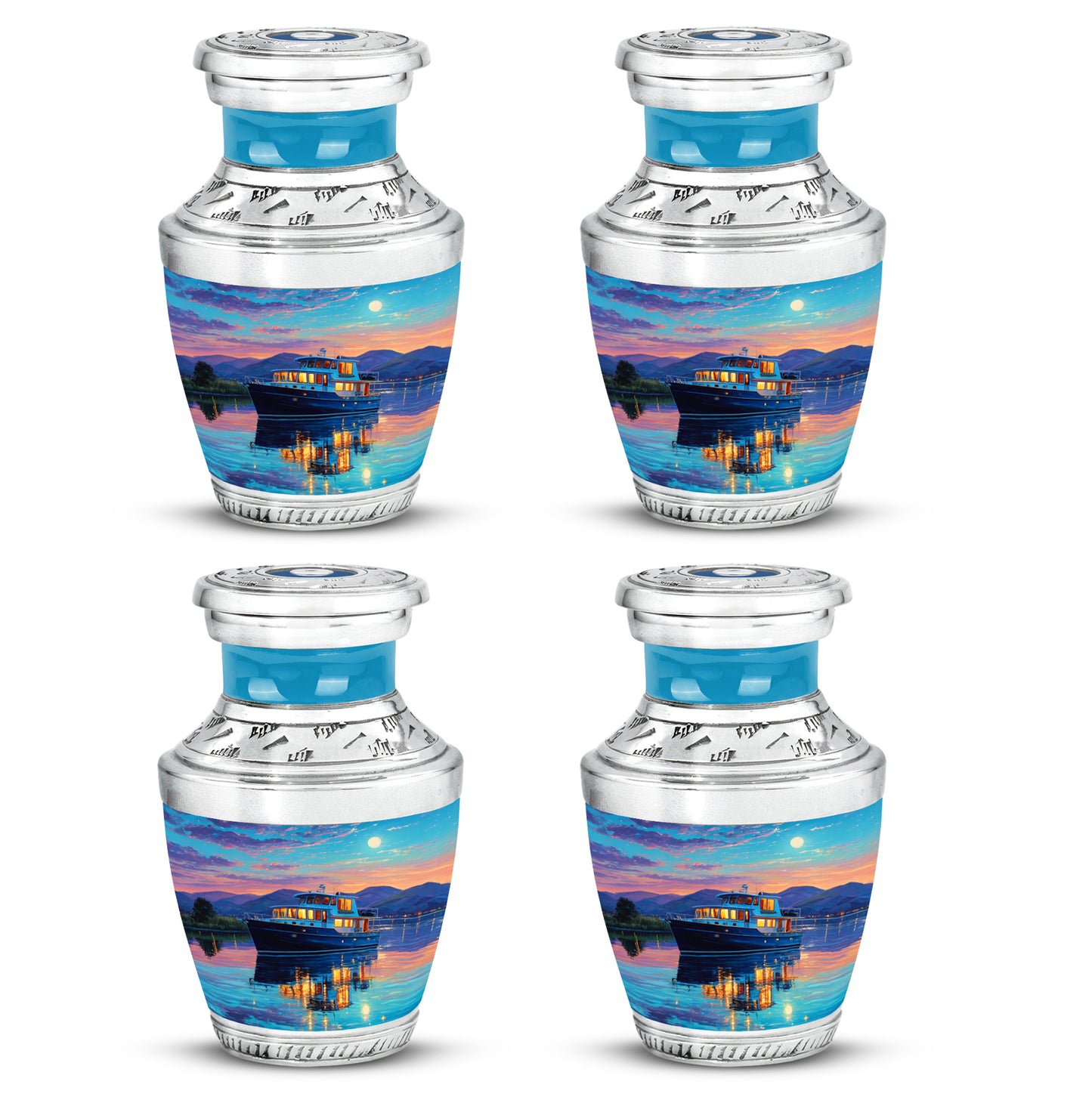Vivid Teal Boat Cremation Urn back view with polished surface - artistic boat interpretation with creative detail - 10 inch aluminum urn for cremated remains