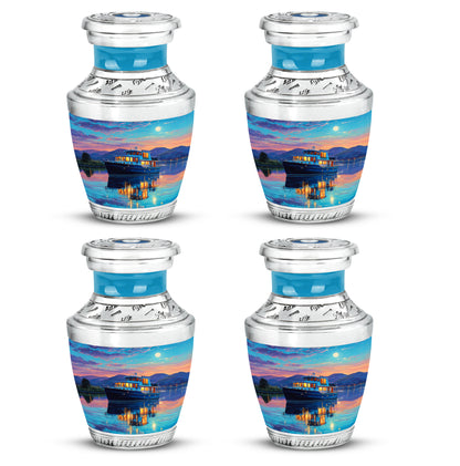 Vivid Teal Boat Cremation Urn back view with polished surface - artistic boat interpretation with creative detail - 10 inch aluminum urn for cremated remains