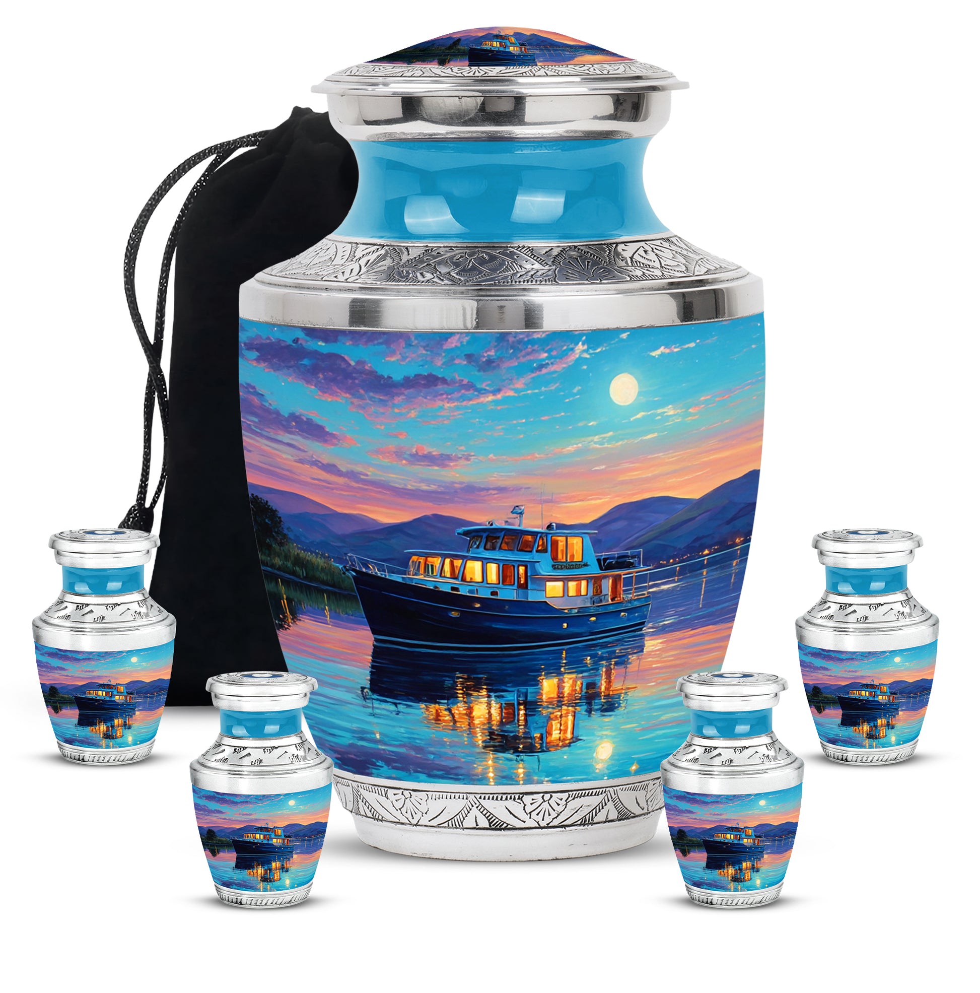 Soft Teal Boat Cremation Urn lifestyle display on memorial shelf - contemporary boat design with modern artistic flair - memorial set with one large and four small urns