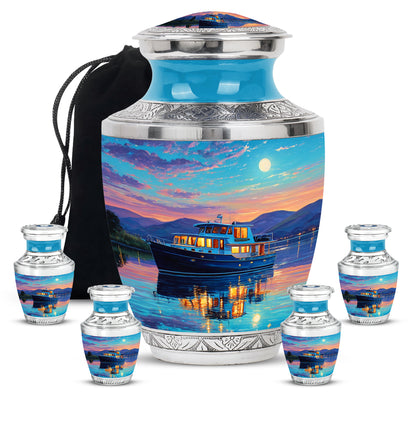 Soft Teal Boat Cremation Urn lifestyle display on memorial shelf - contemporary boat design with modern artistic flair - memorial set with one large and four small urns
