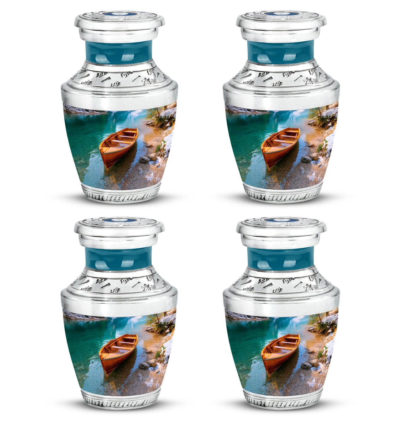 Cool Teal Boat Cremation Urn back view with polished surface - contemporary boat design with modern artistic flair - 10 inch aluminum urn for cremated remains