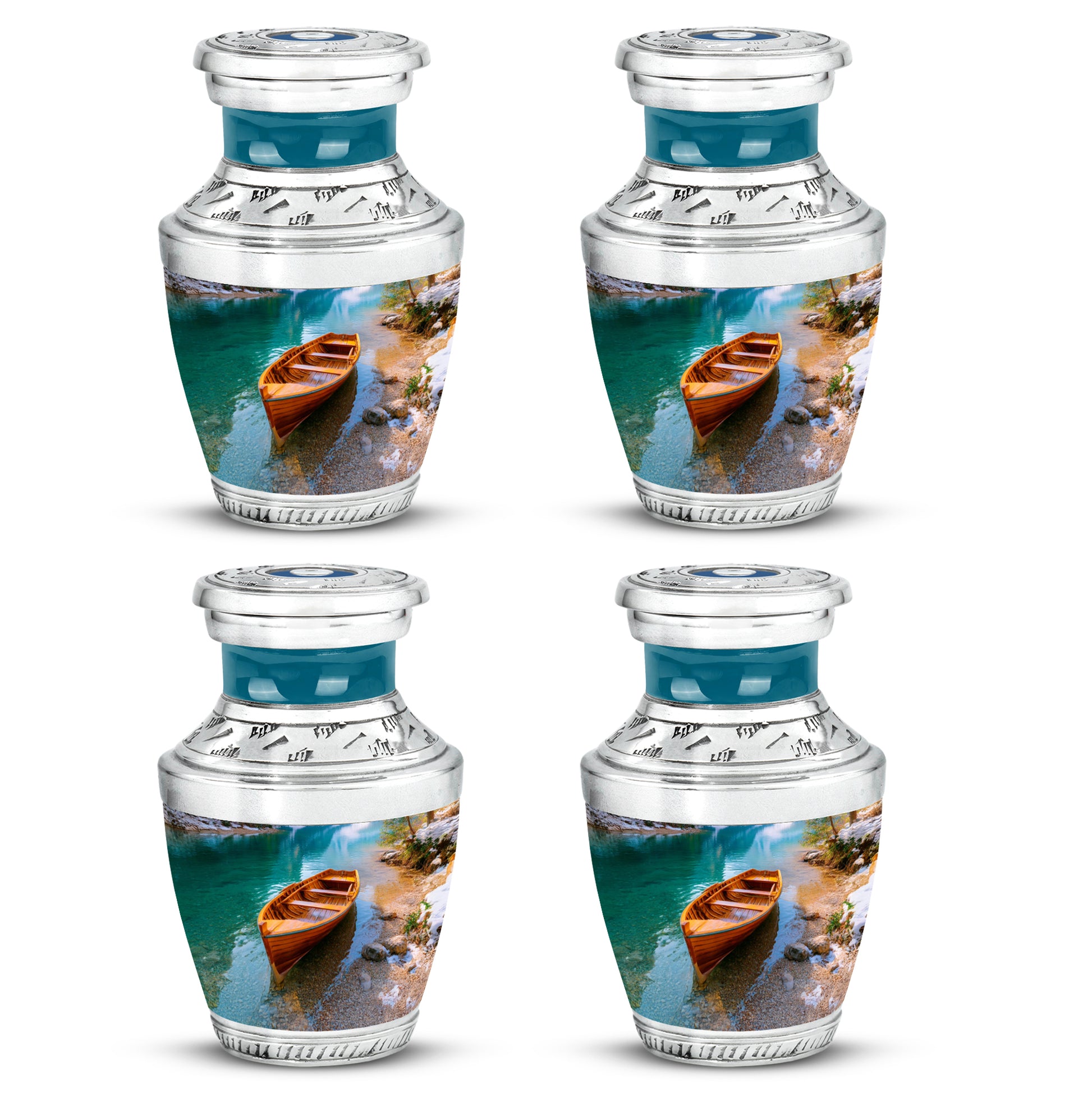 Cool Teal Boat Cremation Urn back view with polished surface - contemporary boat design with modern artistic flair - 10 inch aluminum urn for cremated remains