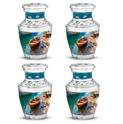 Cool Teal Boat Cremation Urn back view with polished surface - contemporary boat design with modern artistic flair - 10 inch aluminum urn for cremated remains