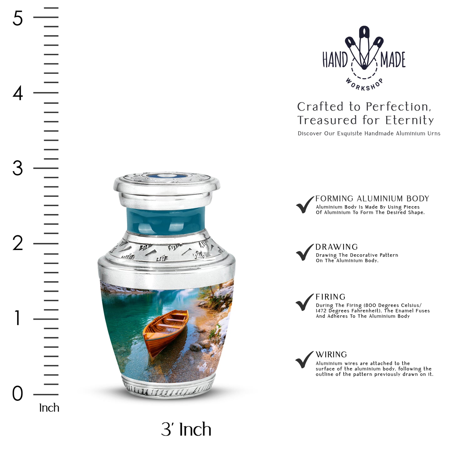 Deep Teal Boat Cremation Urn top-down view of secure threaded lid - artistic boat interpretation with creative detail - mini keepsake memorial for portion of cremation ashes