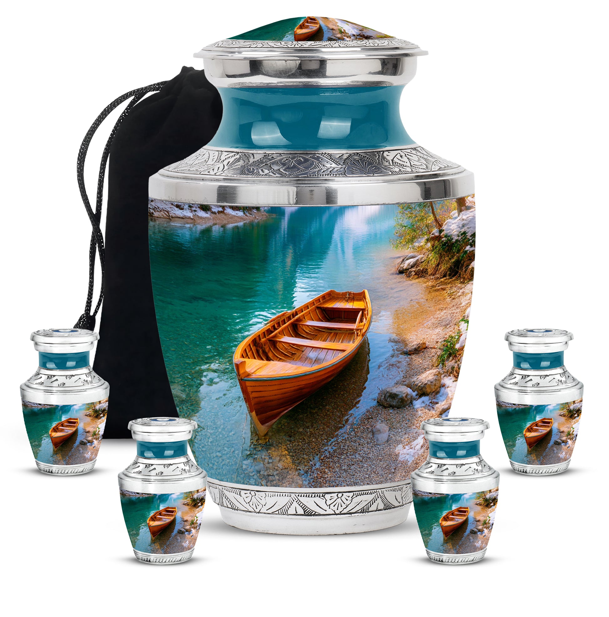 Sea Green Teal Boat Cremation Urn lifestyle display on memorial shelf - modern art-inspired boat motif on sleek aluminum - memorial set with one large and four small urns