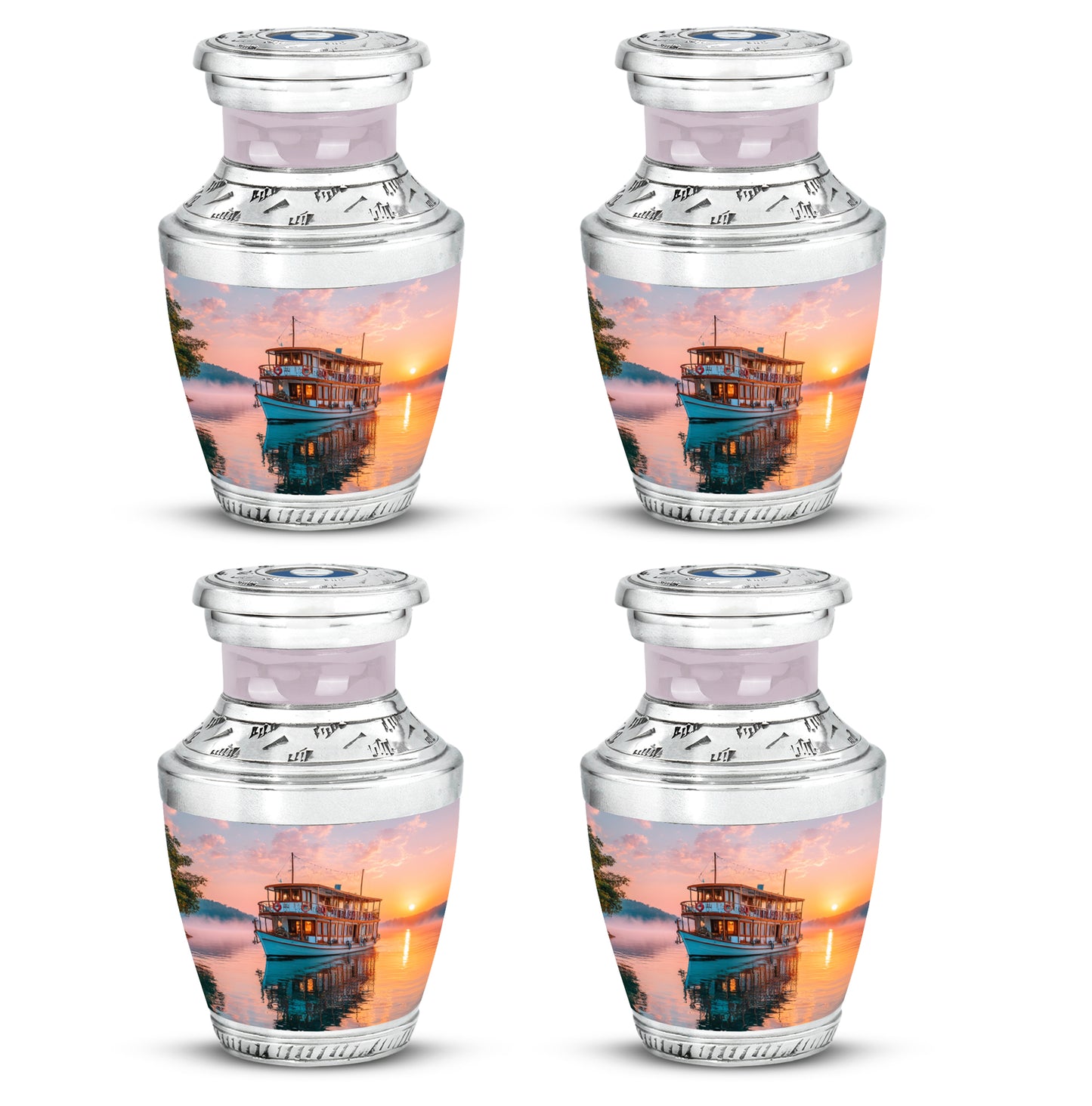 Scarlet Red Boat Cremation Urn back view with polished surface - stylized abstract boat pattern with bold lines - 10 inch aluminum urn for cremated remains