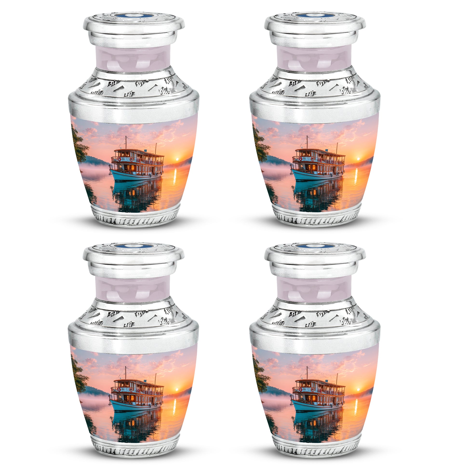 Scarlet Red Boat Cremation Urn back view with polished surface - stylized abstract boat pattern with bold lines - 10 inch aluminum urn for cremated remains