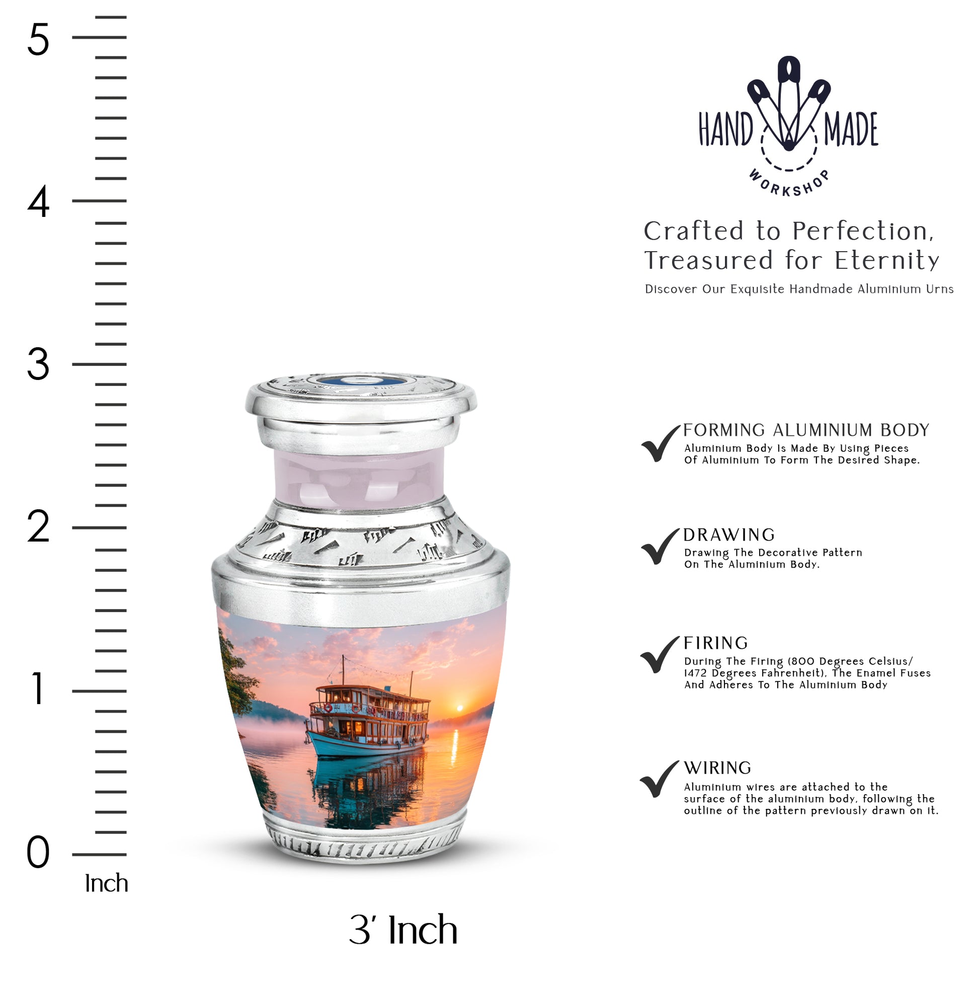 Scarlet Red Boat Cremation Urn top-down view of secure threaded lid - artistic boat interpretation with creative detail - mini keepsake memorial for portion of cremation ashes