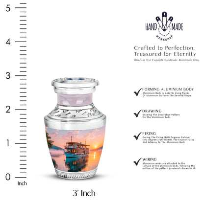 Scarlet Red Boat Cremation Urn top-down view of secure threaded lid - artistic boat interpretation with creative detail - mini keepsake memorial for portion of cremation ashes
