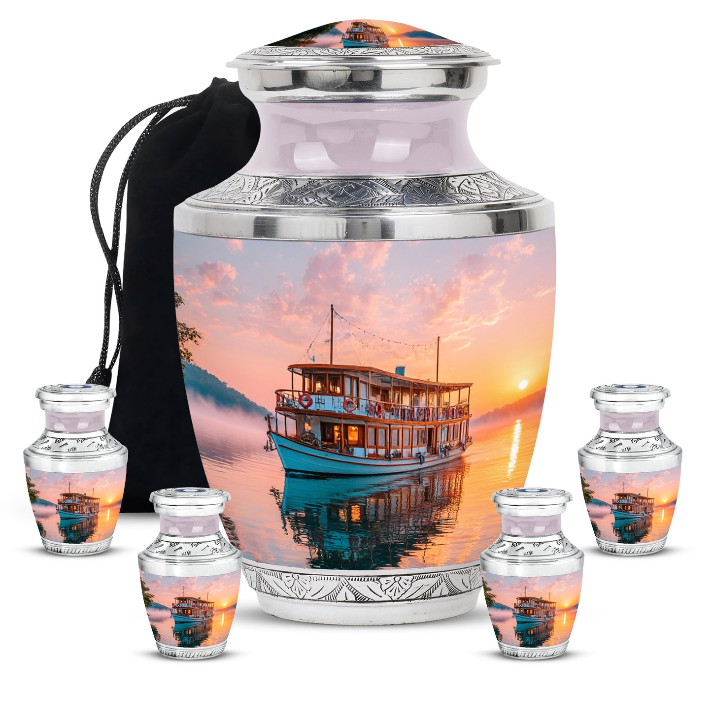 Rich Red Boat Cremation Urn lifestyle display on memorial shelf - artistic boat interpretation with creative detail - memorial set with one large and four small urns