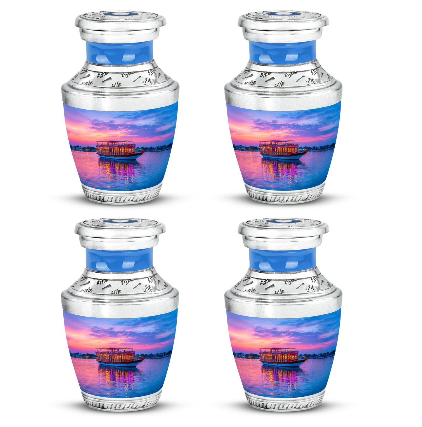 Celestial Blue Boat Cremation Urn back view with polished surface - contemporary boat design with modern artistic flair - 10 inch aluminum urn for cremated remains