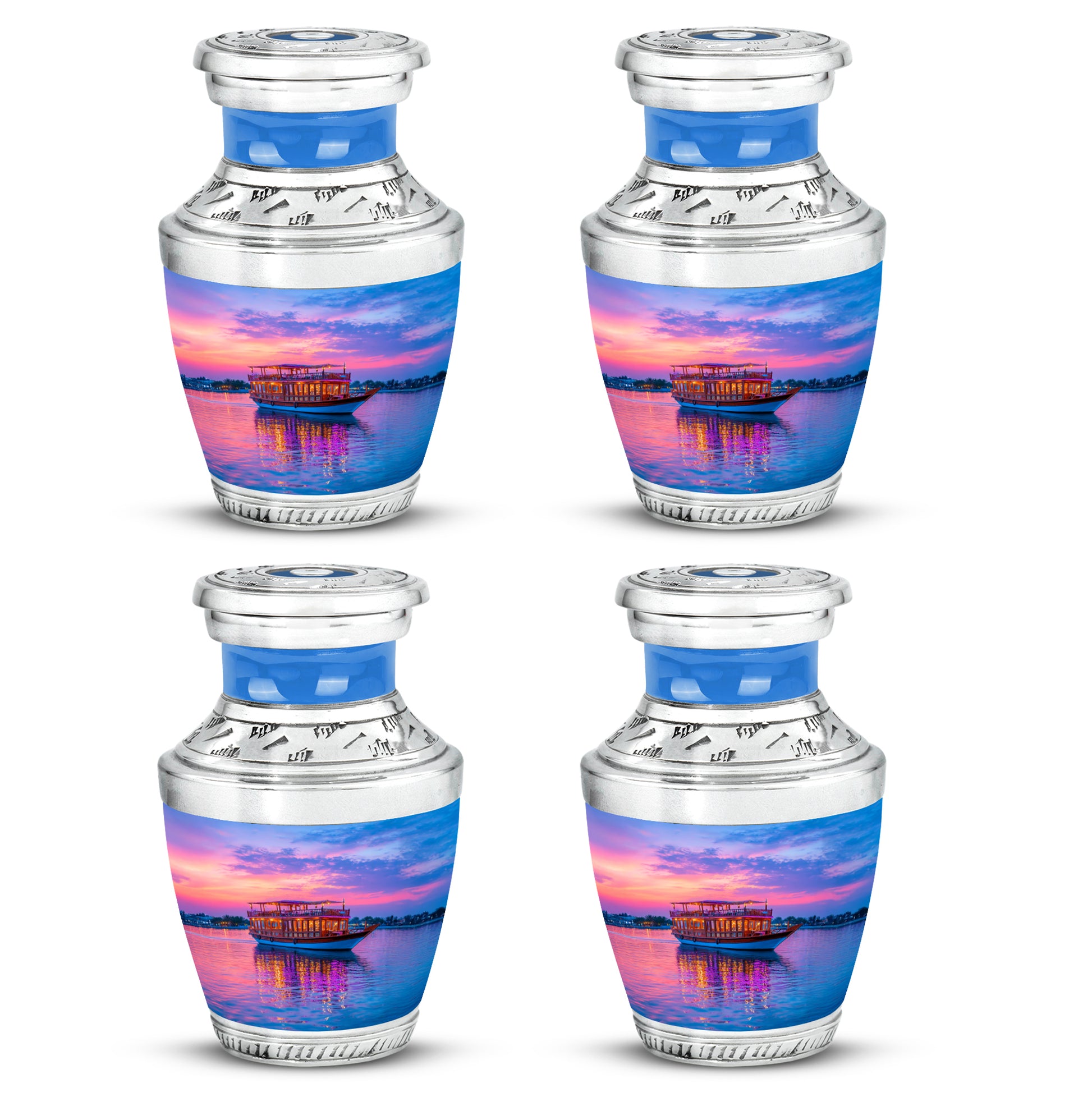 Celestial Blue Boat Cremation Urn back view with polished surface - contemporary boat design with modern artistic flair - 10 inch aluminum urn for cremated remains