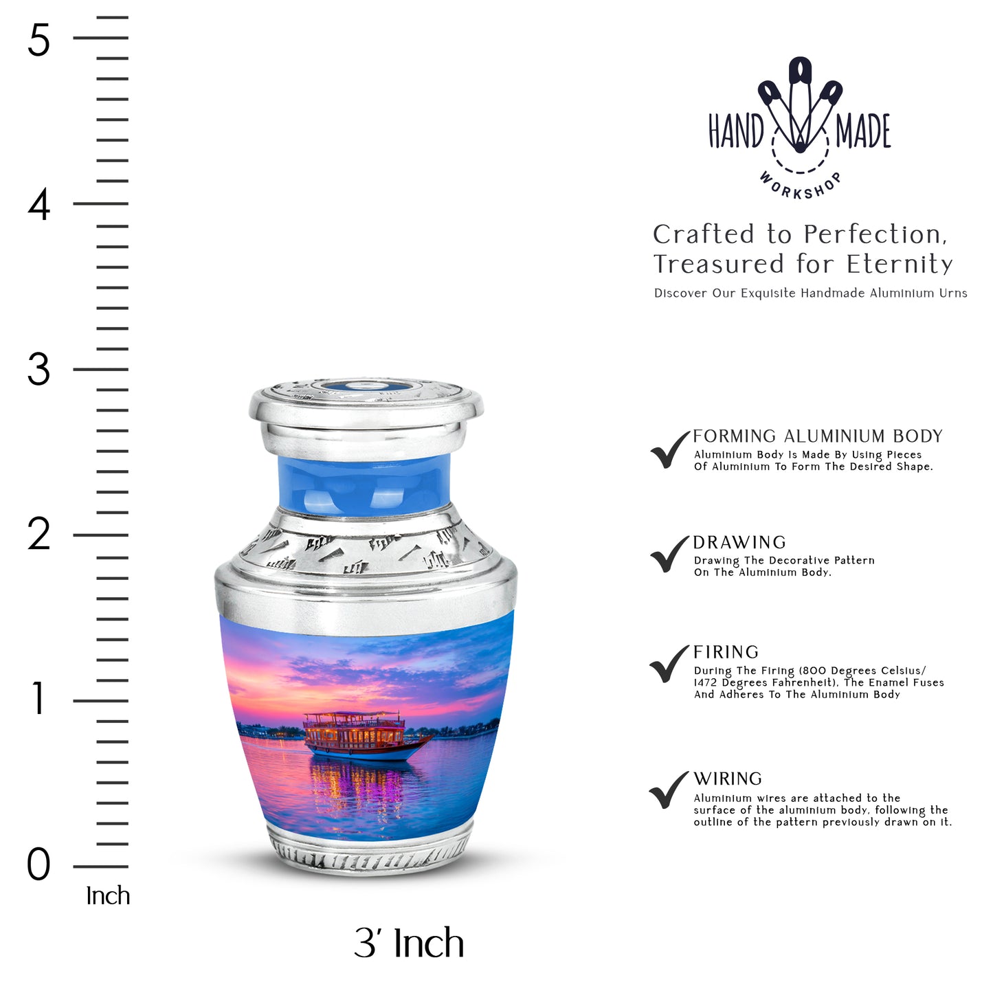 Twilight Blue Boat Cremation Urn top-down view of secure threaded lid - stylized abstract boat pattern with bold lines - mini keepsake memorial for portion of cremation ashes