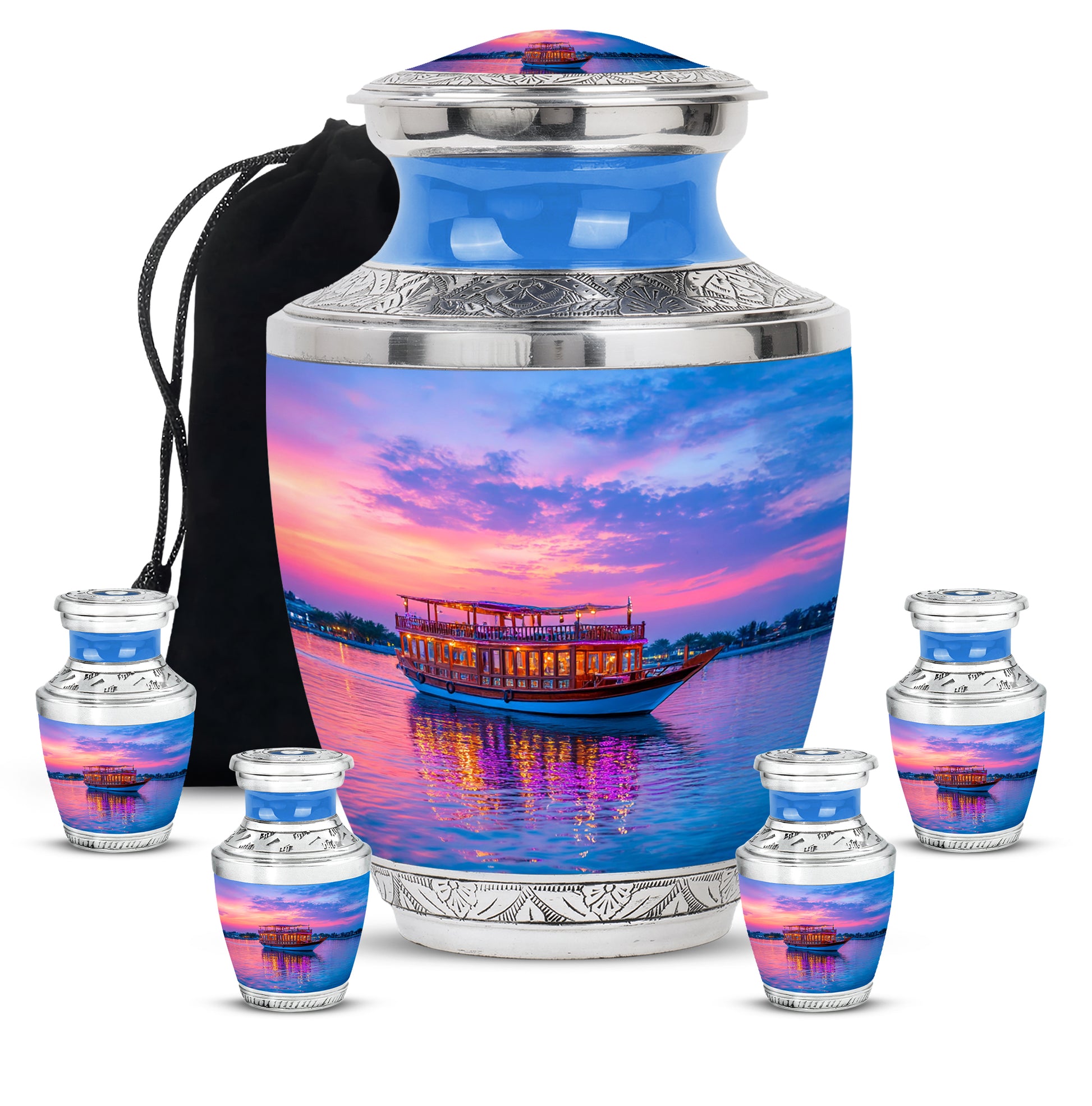 Bright Blue Boat Cremation Urn lifestyle display on memorial shelf - artistic boat interpretation with creative detail - memorial set with one large and four small urns